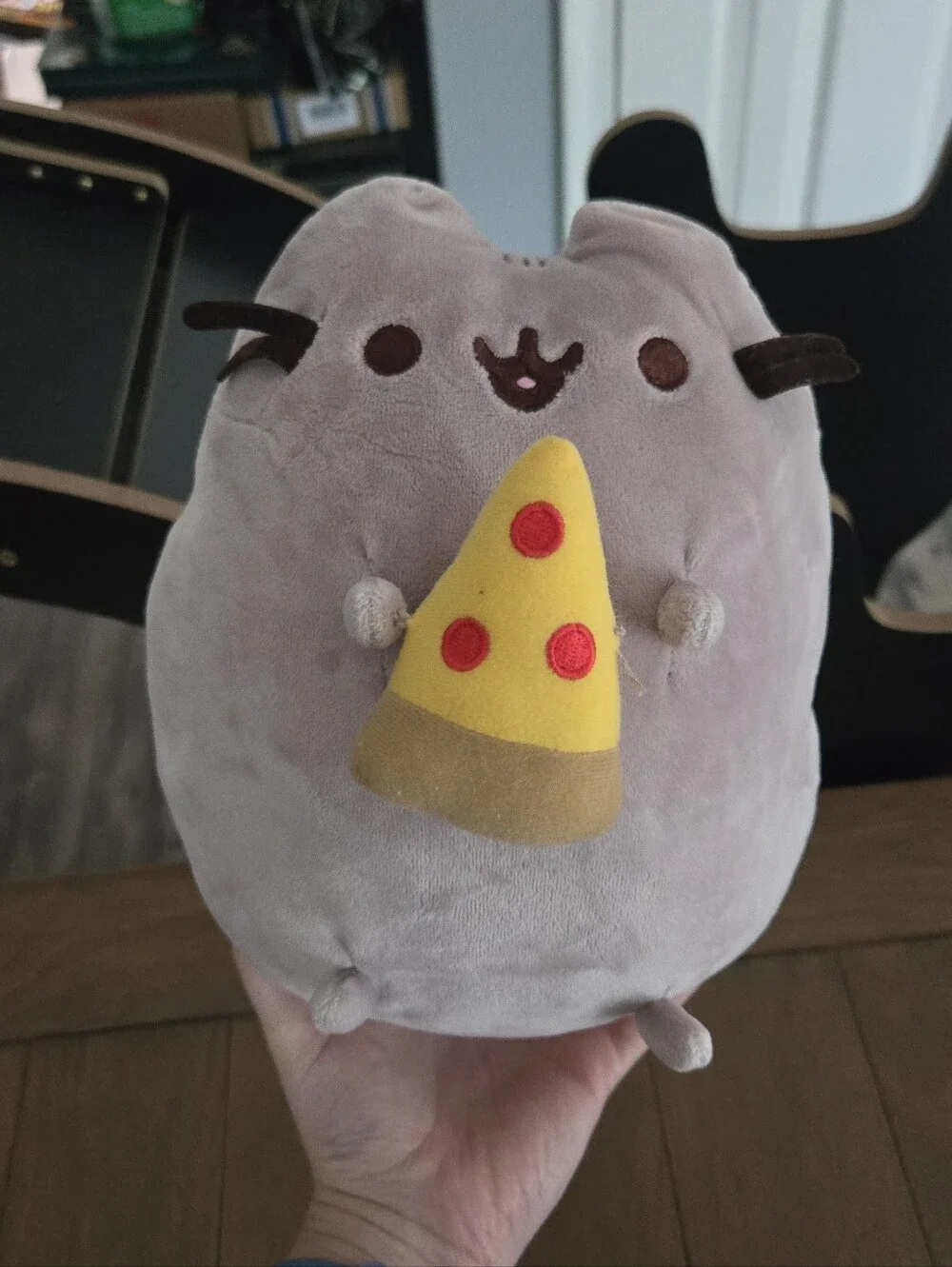 Pusheen Gray Plush Cat Holding Yellow Pizza Slice